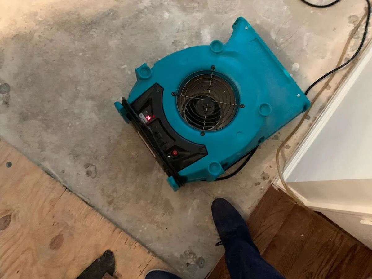 Air mover drying subfloor during Commercial Water Damage Restoration in Quincy